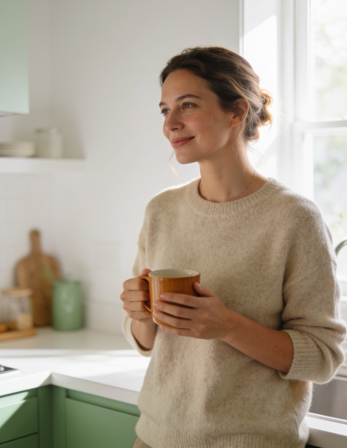 A woman relaxing with a warm mug in soft morning kitchen light